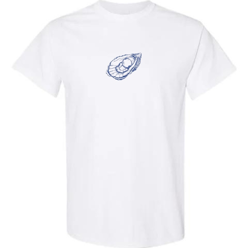 white cotton t-shirt with blue oyster